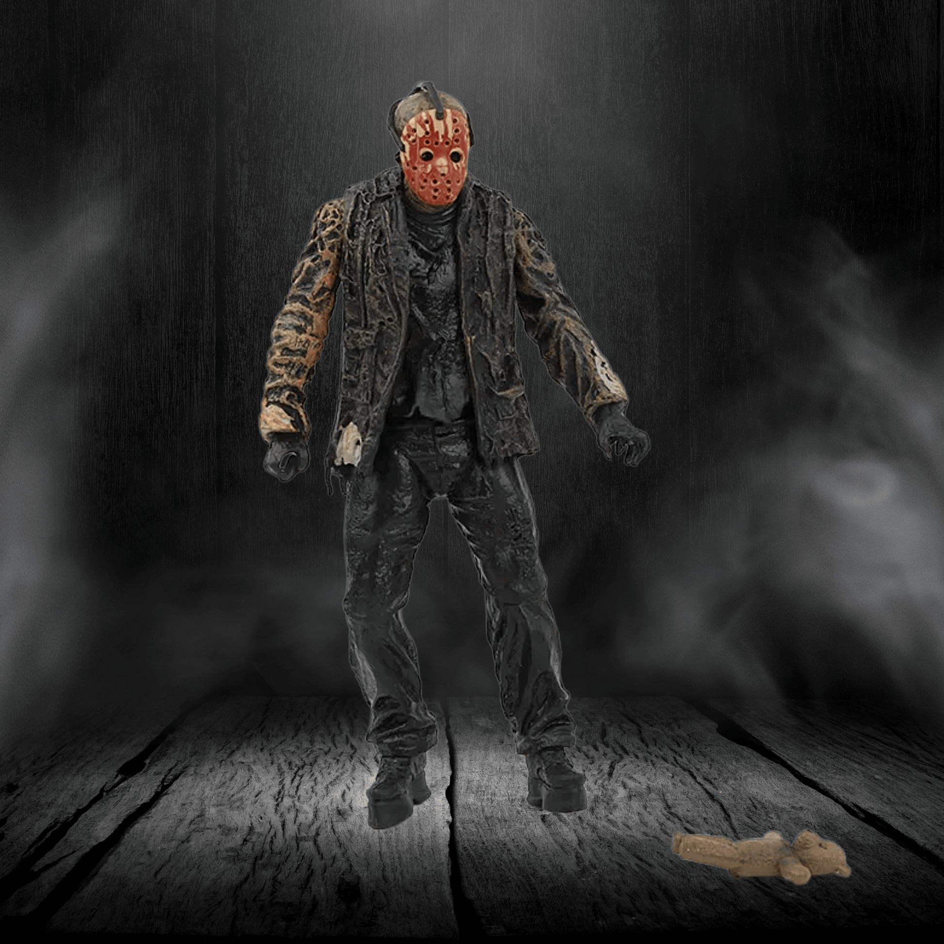 Action figure in a dark, smoky setting with a wooden floor