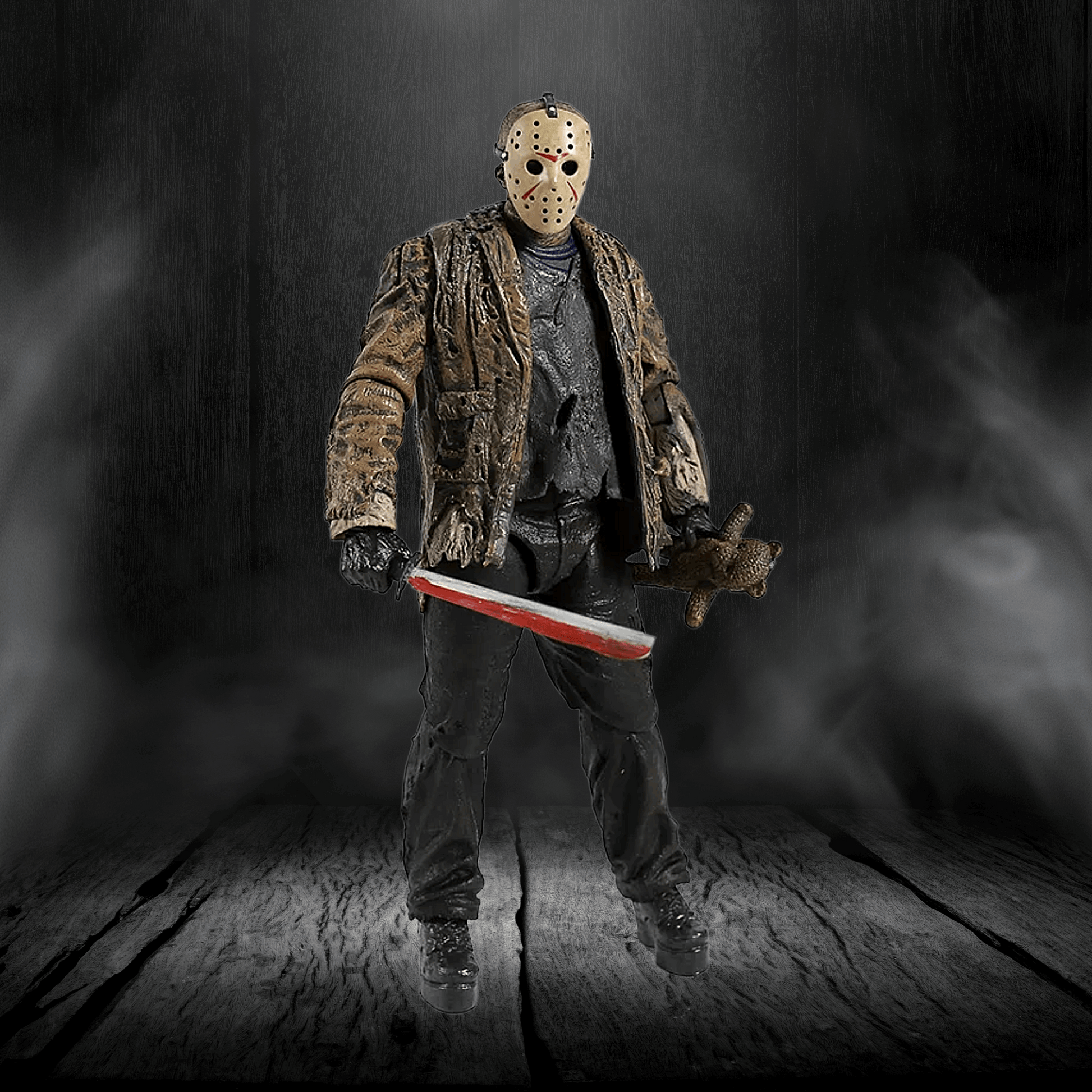 Person in a horror-themed costume with a mask and knife on a dark background