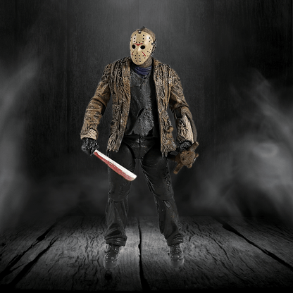 Action figure in a dark, smoky setting holding a knife
