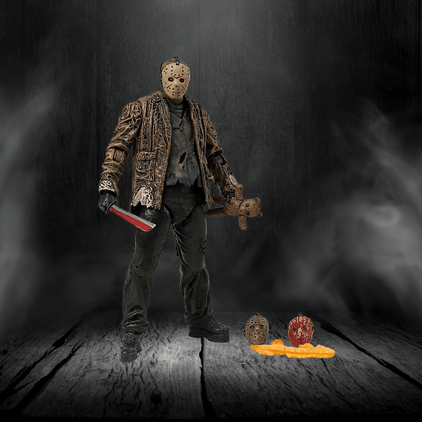 Action figure of a character holding a axe on a dark background