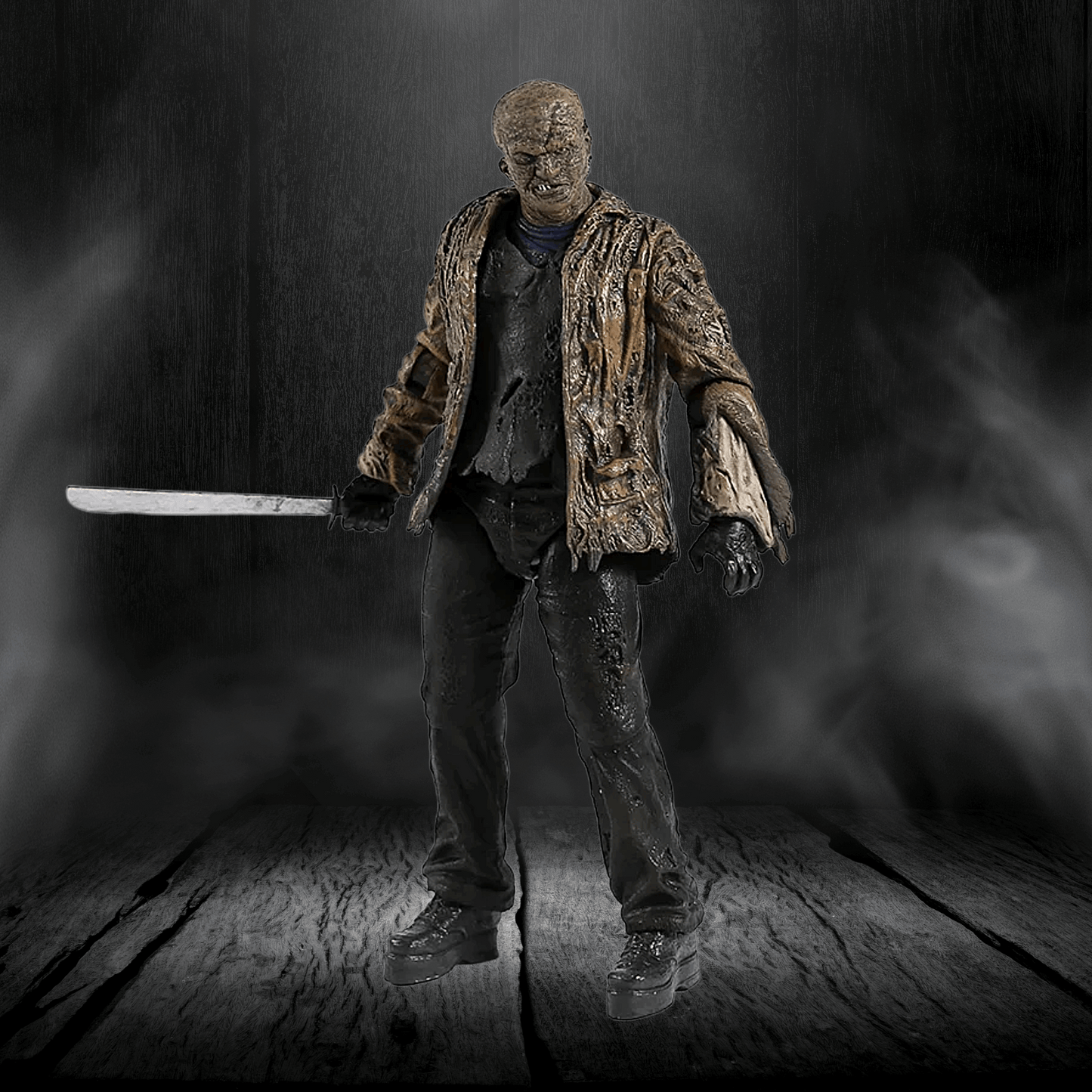 Horror-themed figure holding a knife in a dark, smoky setting