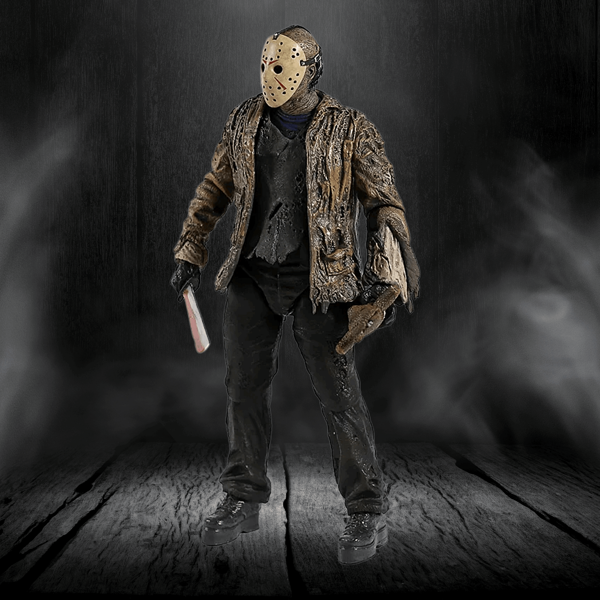 Person wearing a hockey mask and costume holding a knife in a dark, smoky setting