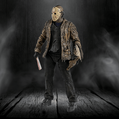 Person wearing a hockey mask and costume holding a knife in a dark, smoky setting