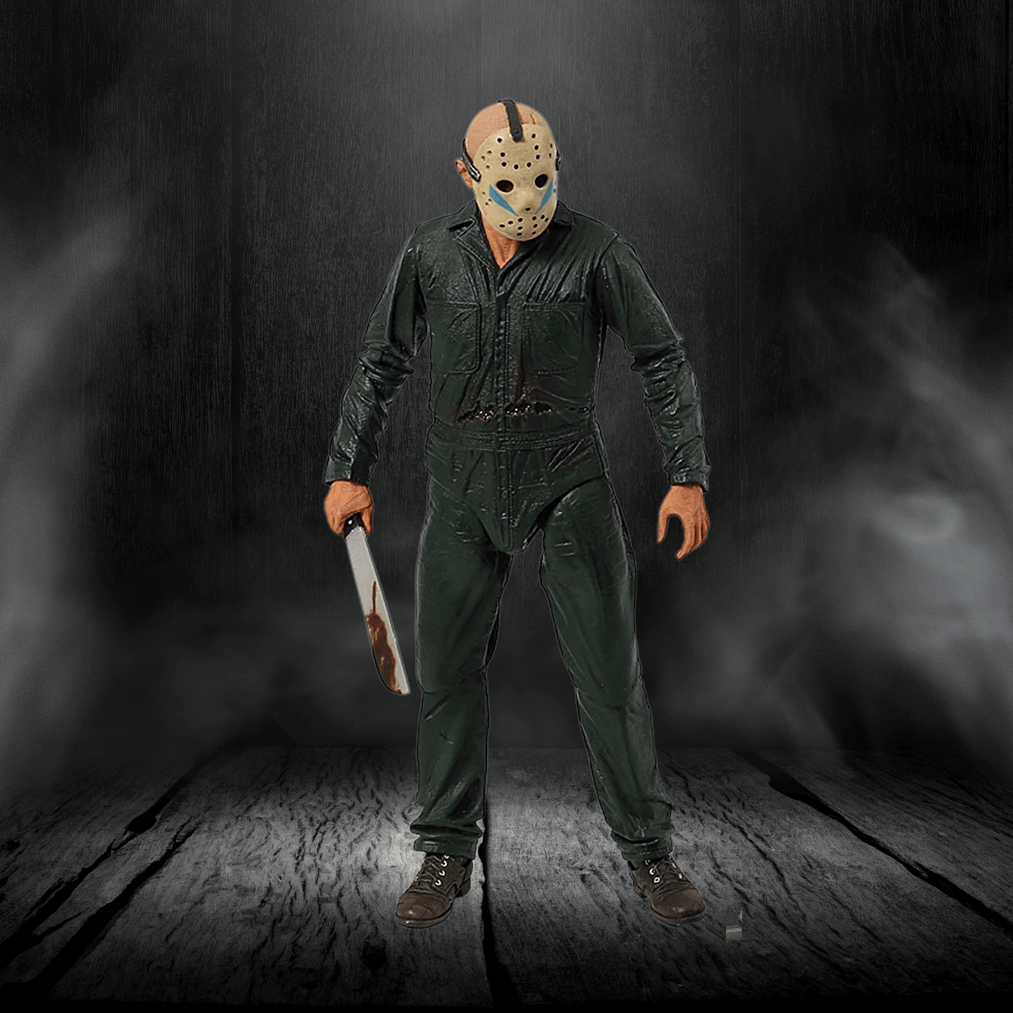 Person in a green jumpsuit and mask holding a knife on a dark background