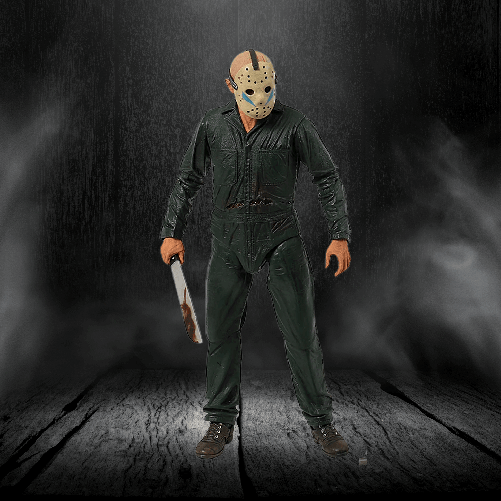 Person in a green jumpsuit and mask holding a knife on a dark background