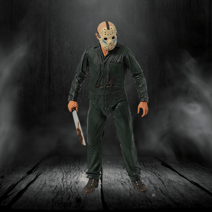 Person in a green jumpsuit and mask holding a knife on a dark background