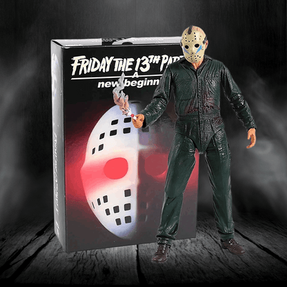 Action figure of a character from 'Friday the 13th' series in front of its packaging