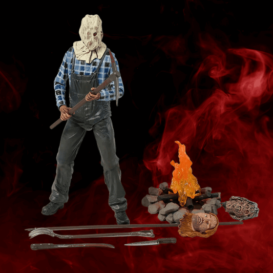 Action figure in a horror-themed setting with a campfire and smoking bag, on a dark background.