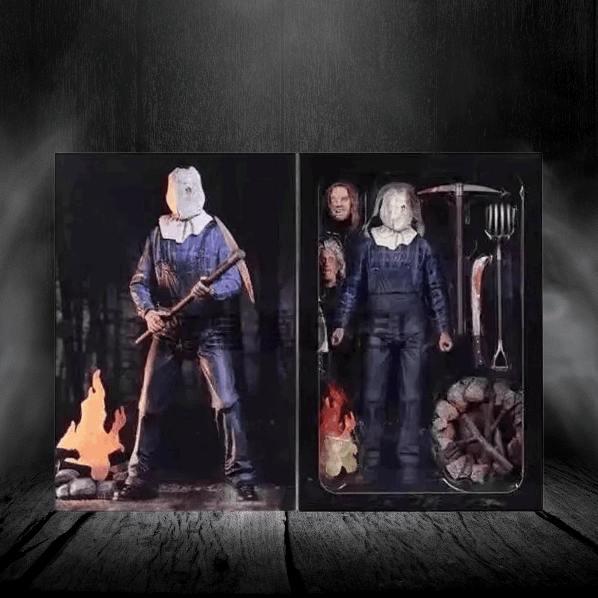 Two action figures in packaging with a dark, smoky background