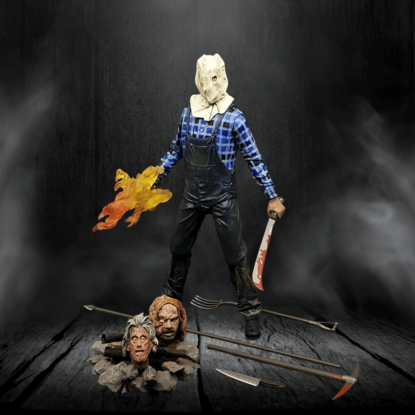 Action figure in a dark setting with props on a wooden surface