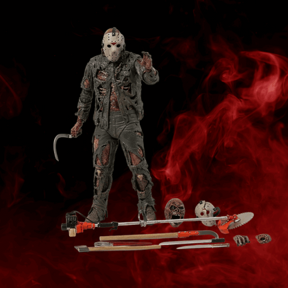 Action figure with a mask and tools on a dark background with red smoke effect
