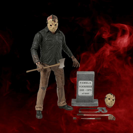 Action figure of a character holding a axe next to a tombstone with 'Pamela Voorhees' on it, against a dark background with red smoke.