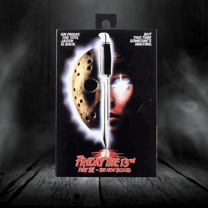 Packaged toy figure of a character from 'Friday the 13th' series on a dark background