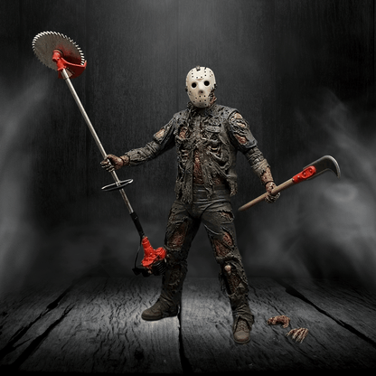 Person in horror-themed costume holding a lawn mower and sickle against a dark background