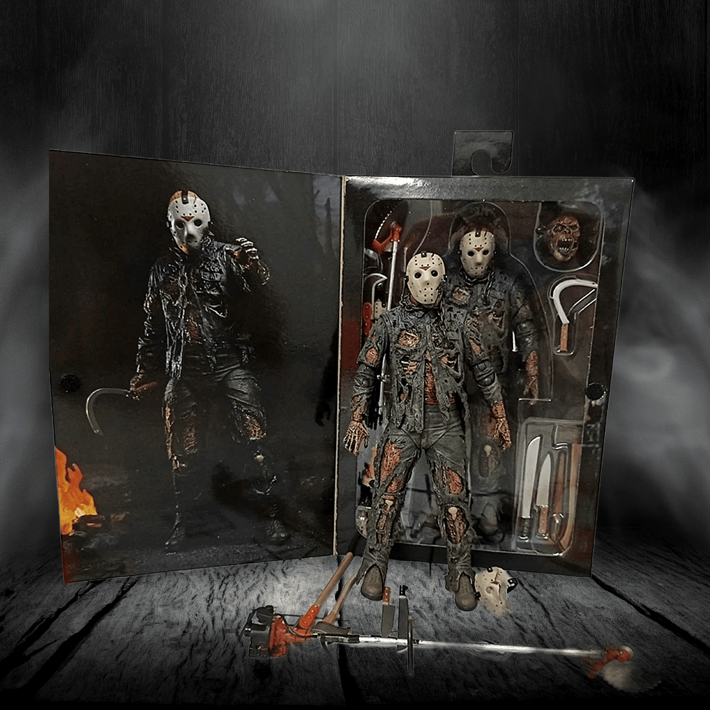 Horror-themed action figure in a dark setting with props