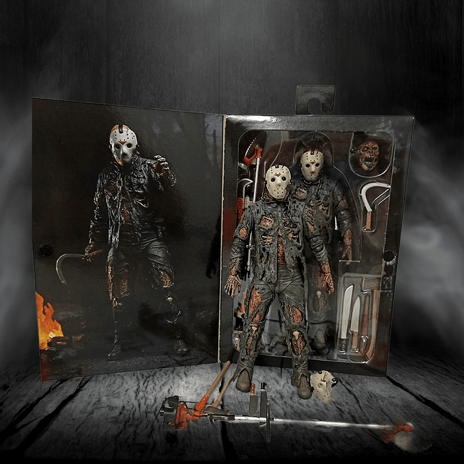 Horror-themed action figure in a dark setting with props