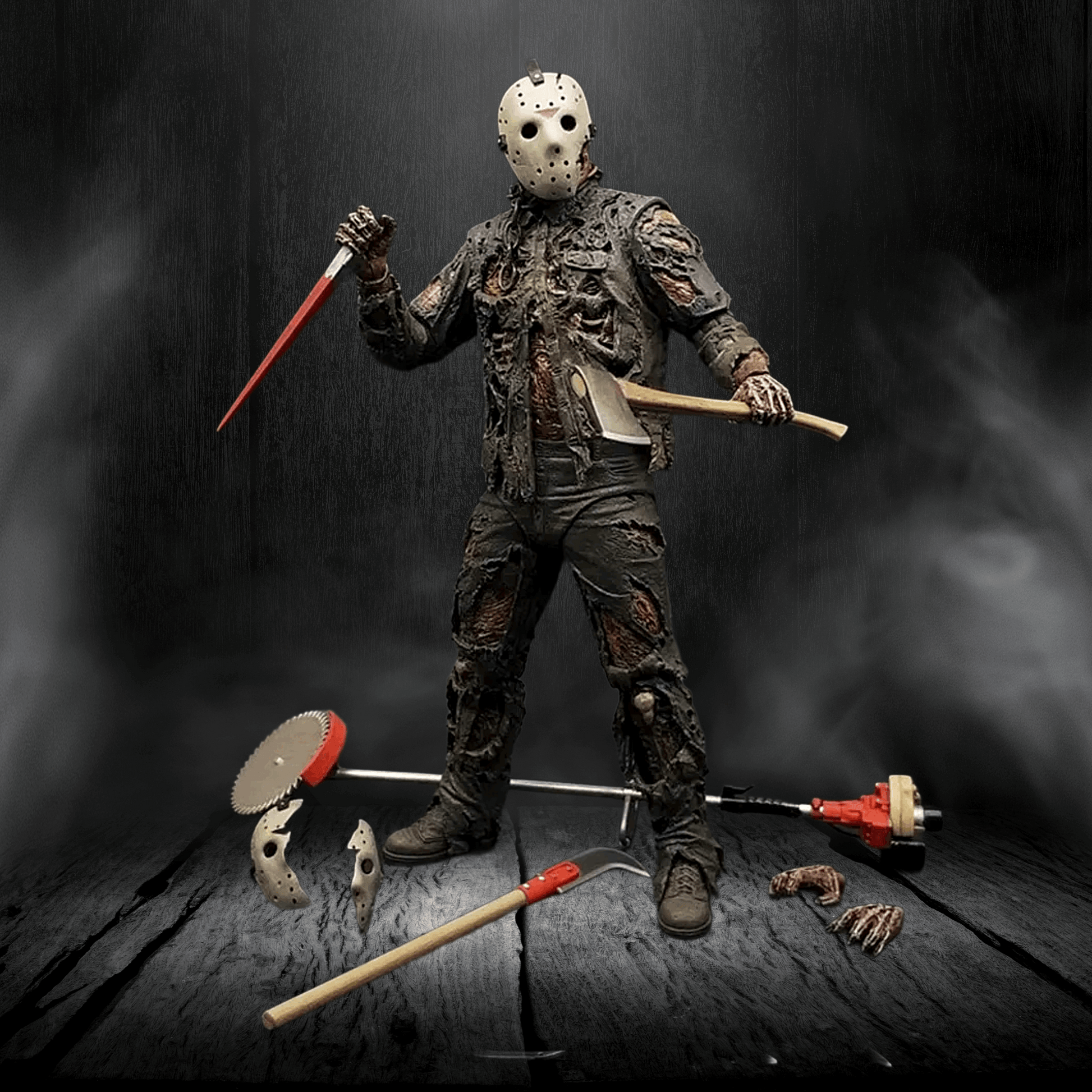 Person in horror-themed costume with tools on a dark background