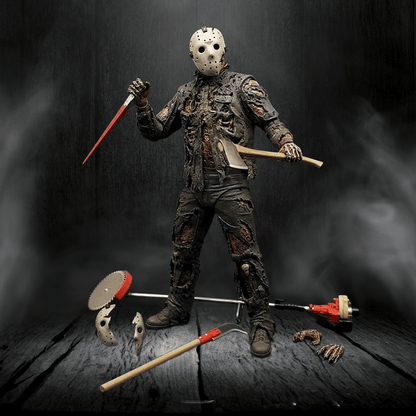 Person in horror-themed costume with tools on a dark background
