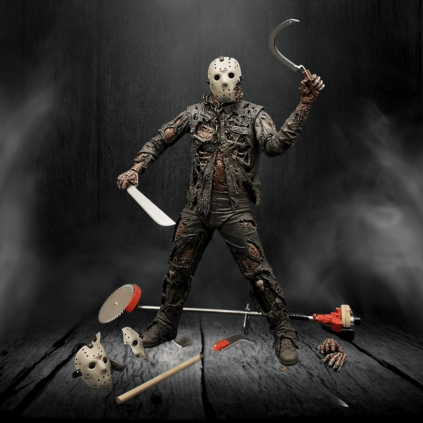 Horror-themed figure with a mask and weapons on a dark background