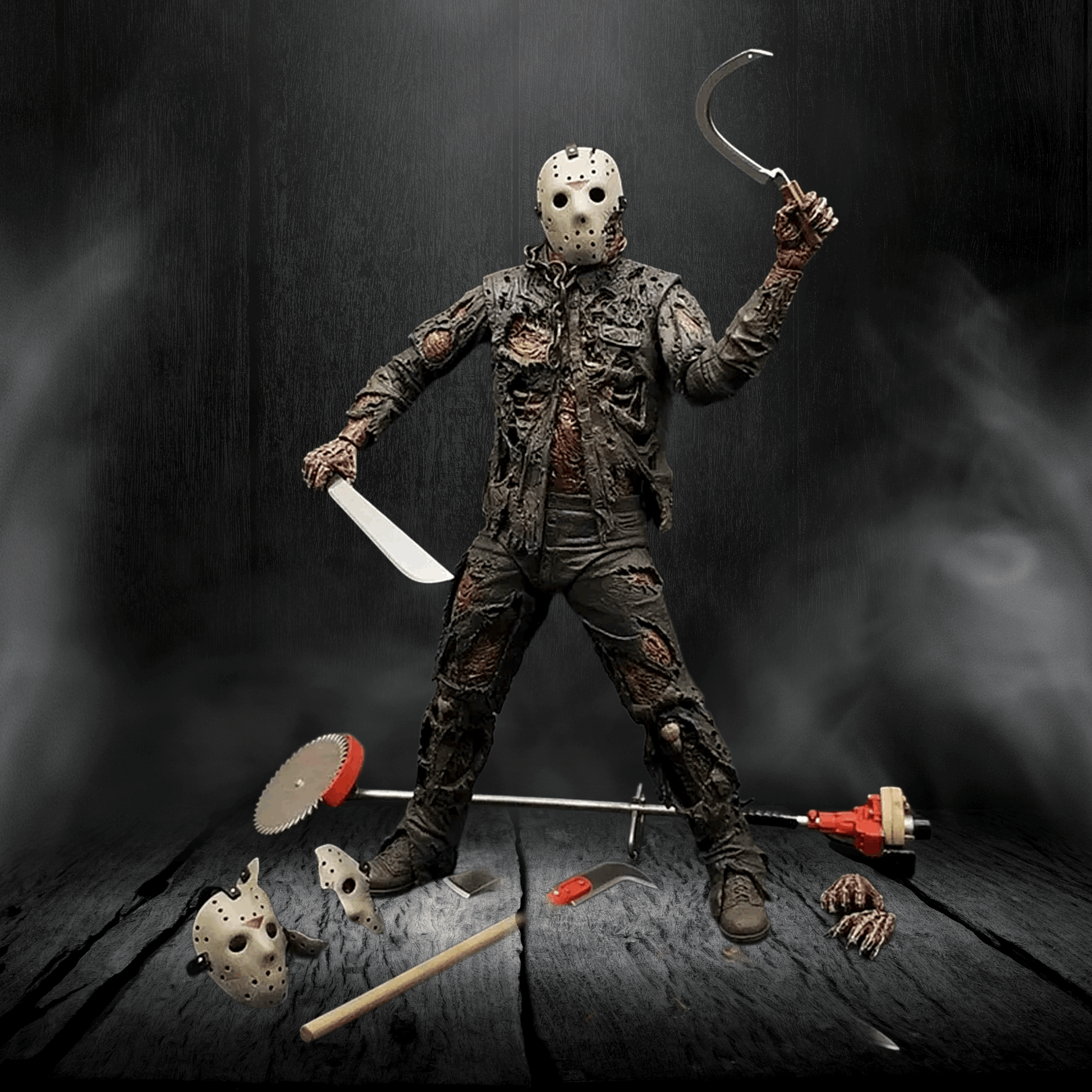 Horror-themed figure with a mask and weapons on a dark background