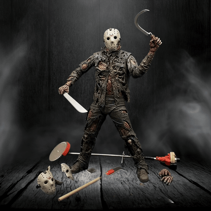 Horror-themed figure with a mask and weapons on a dark background