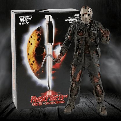 Action figure of a character from 'Friday the 13th' series next to its packaging