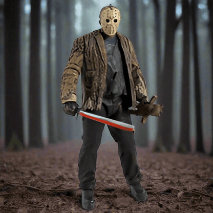 Action figure in a forest setting holding a knife and chainsaw