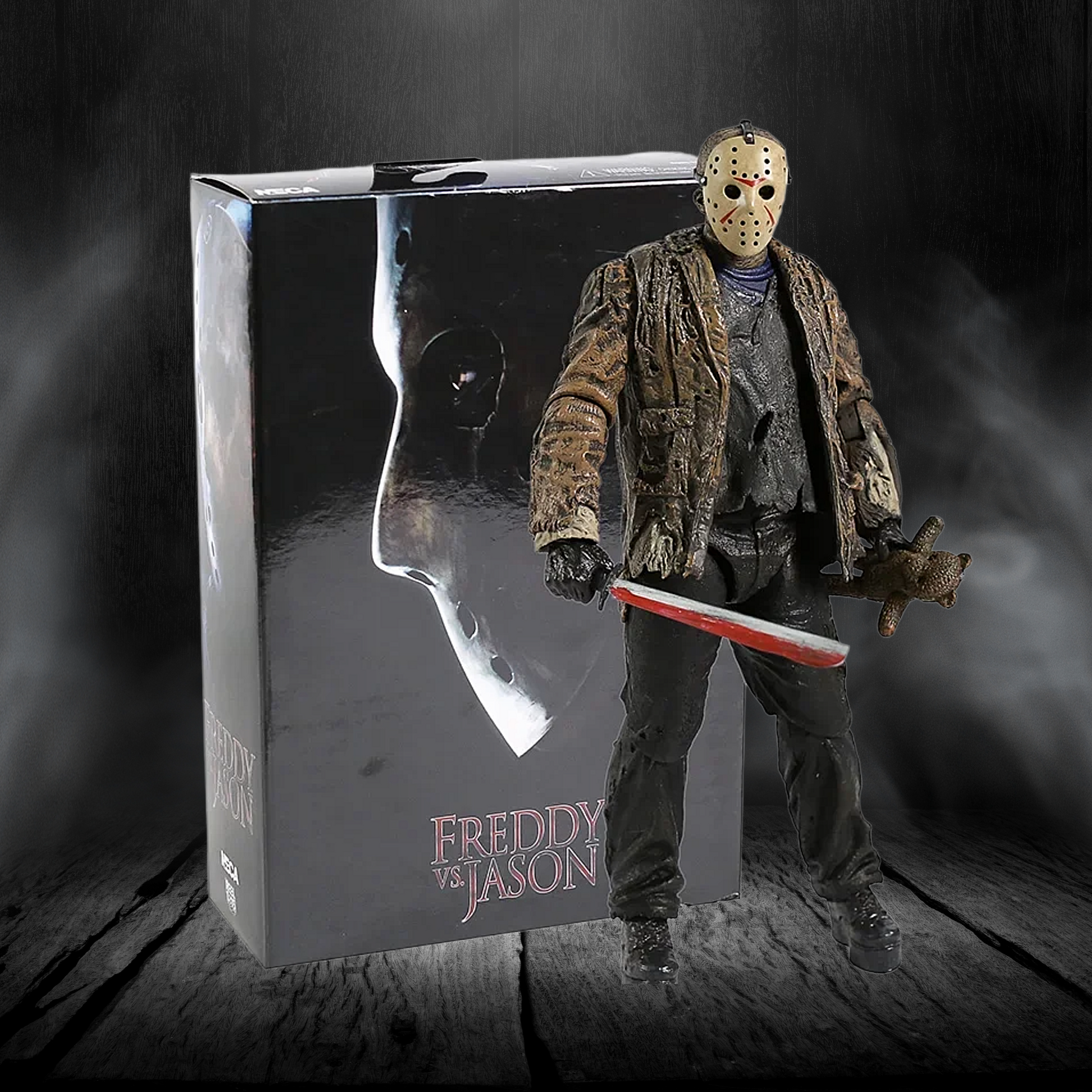 Action figure of a character from 'Freddy vs. Jason' holding an axe, standing next to its packaging.