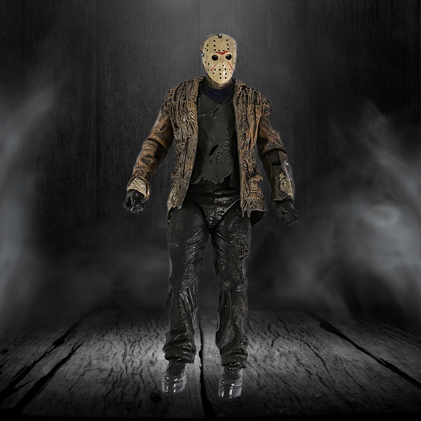 Person wearing a horror-themed costume with a mask in a dark, smoky setting