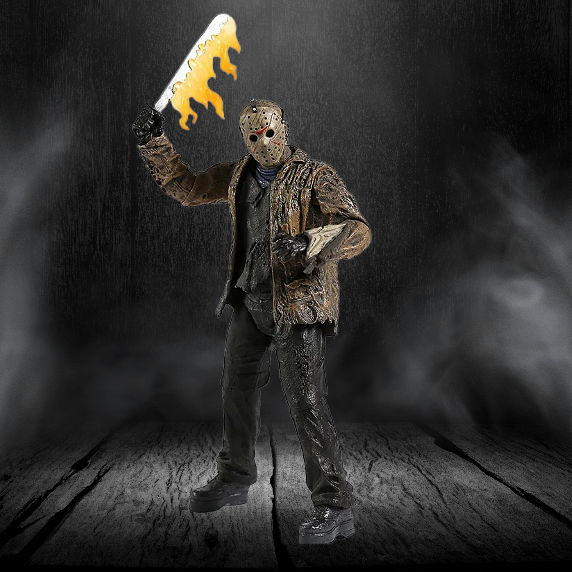 Action figure with a mask and holding a flaming object on a dark background