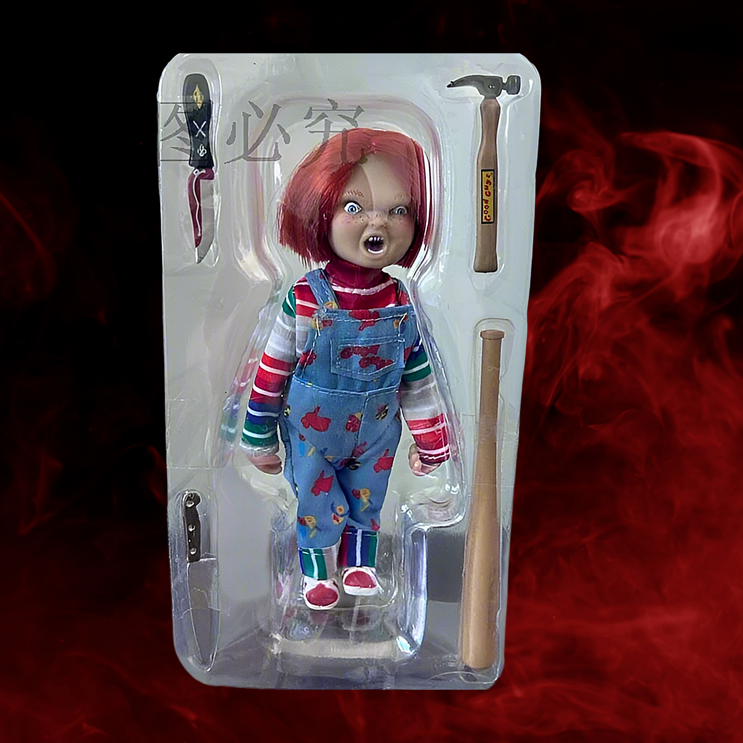 Toy figure in packaging with a red background