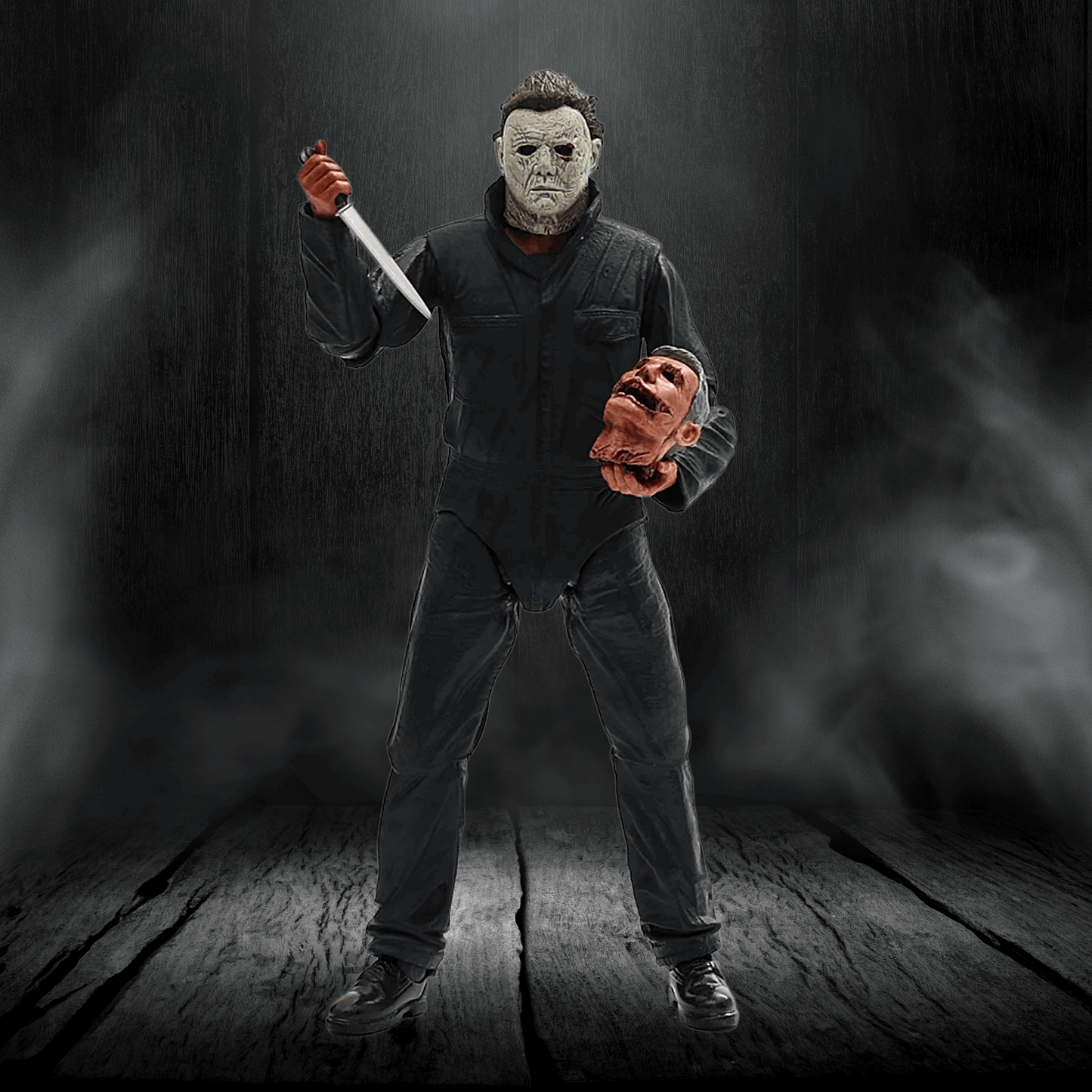 Character in a dark setting holding a knife and mask