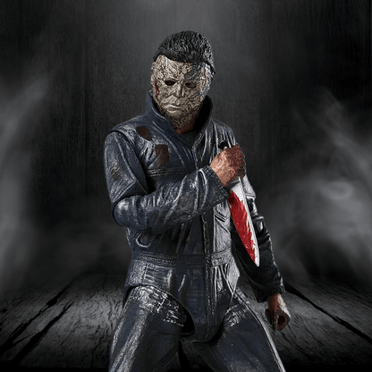 Person in a dark costume with a mask holding a knife on a dark background