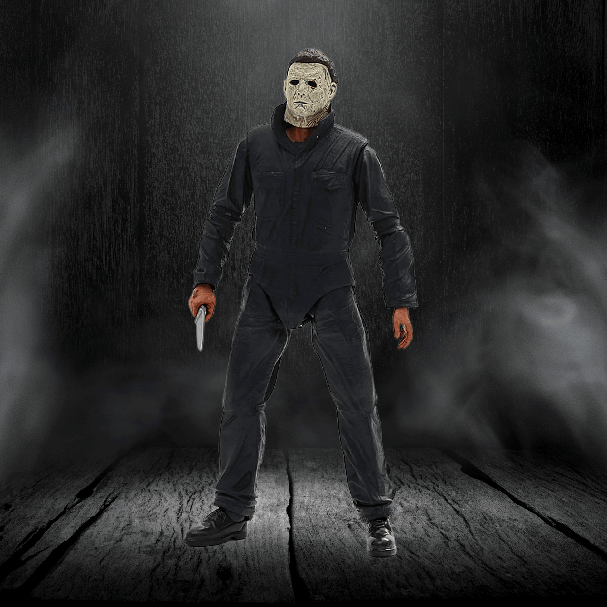 Action figure in a dark setting holding a knife