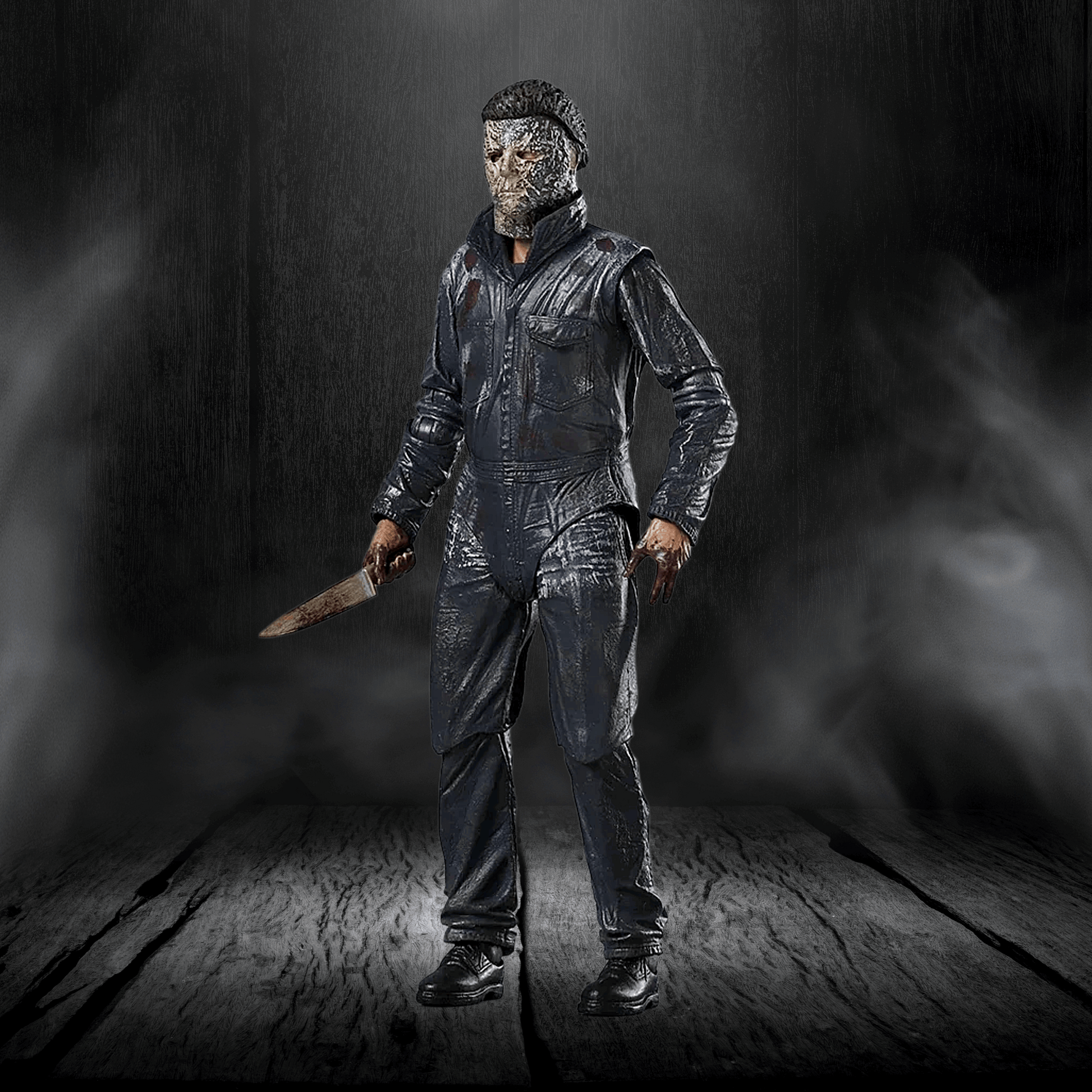 Person in a dark, smoky setting holding a knife, wearing a textured outfit.