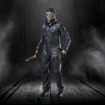 Person in a dark, smoky setting holding a knife, wearing a textured outfit.