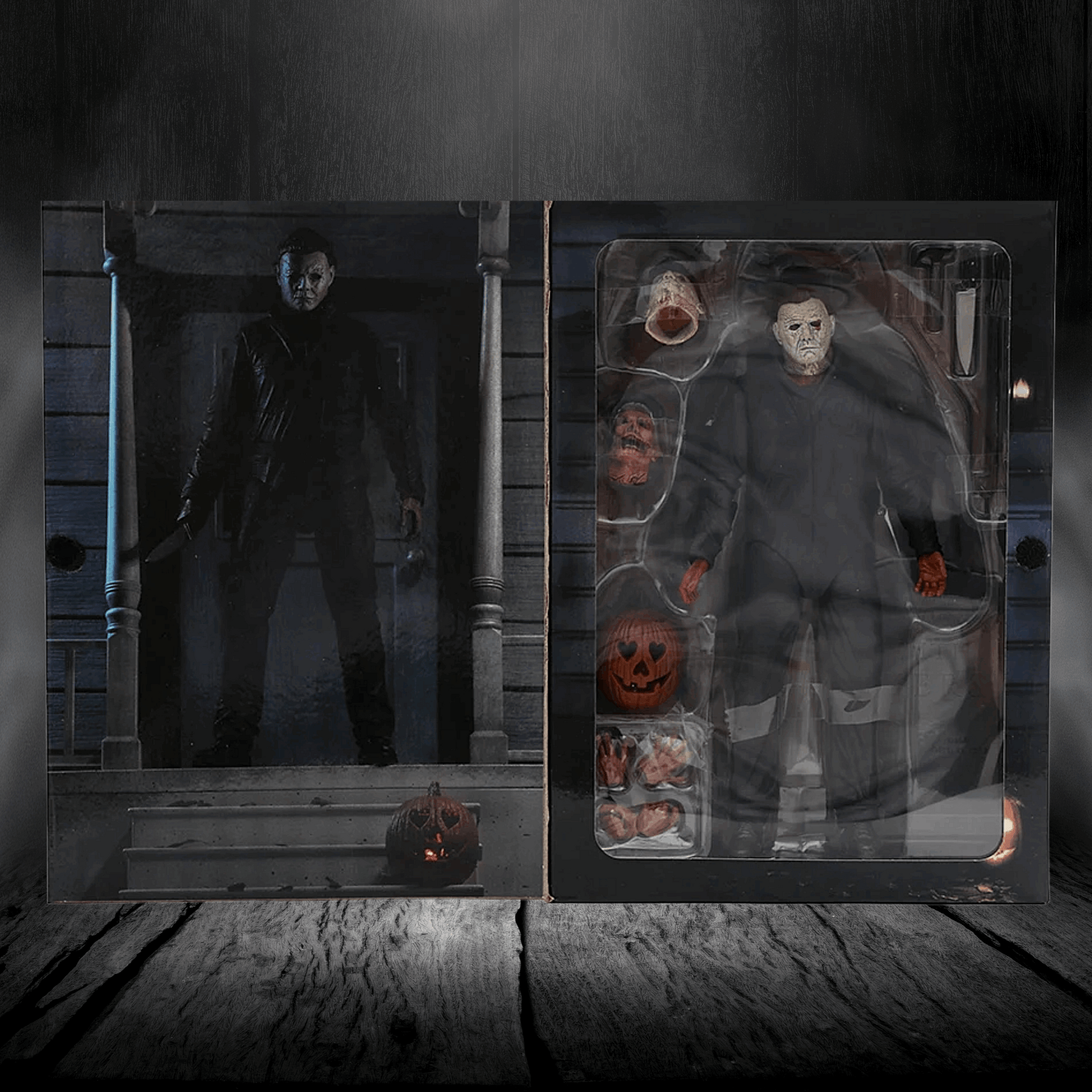 Action figure packaging with a character in a dark costume and pumpkin, set against a wooden background.