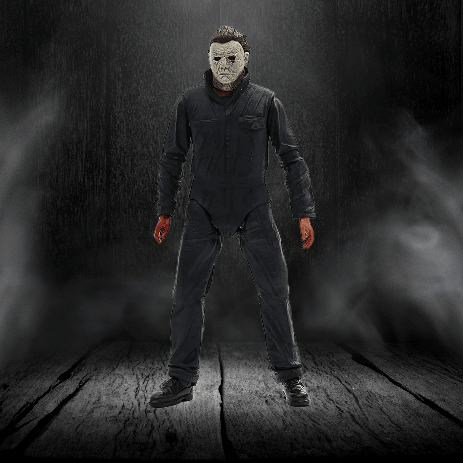 Person wearing a dark jumpsuit and mask in a dark, smoky setting