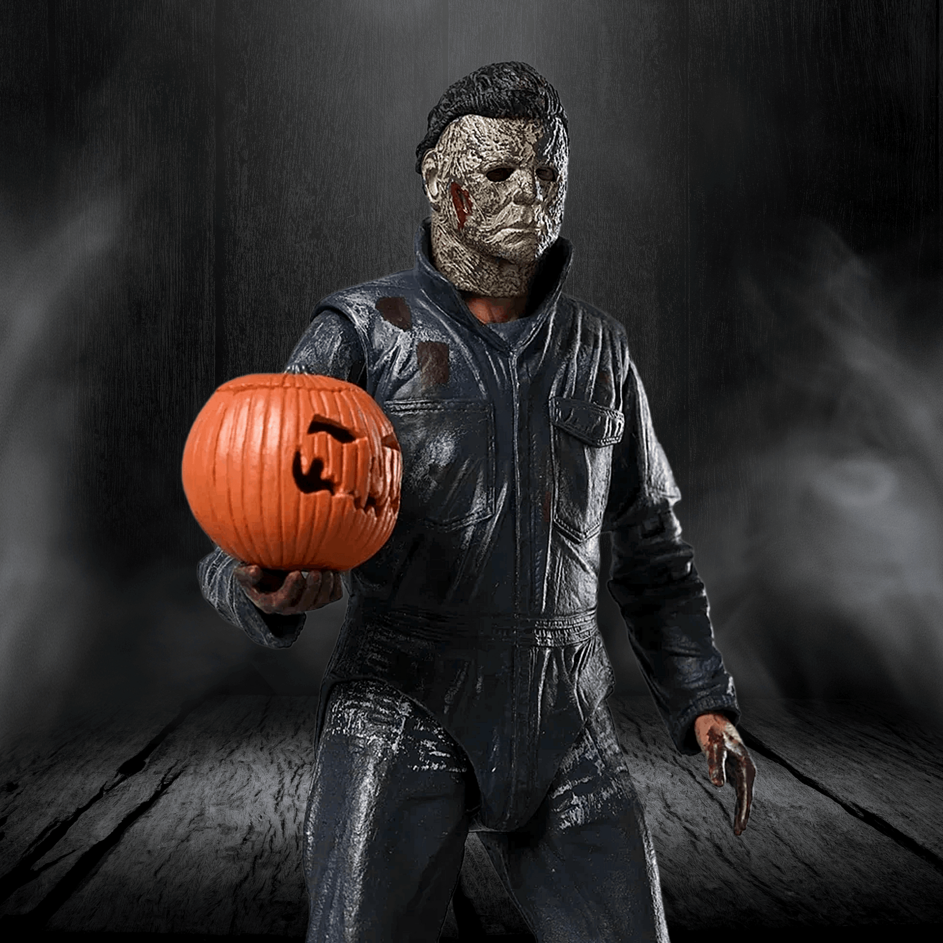 Character holding a carved pumpkin against a dark background