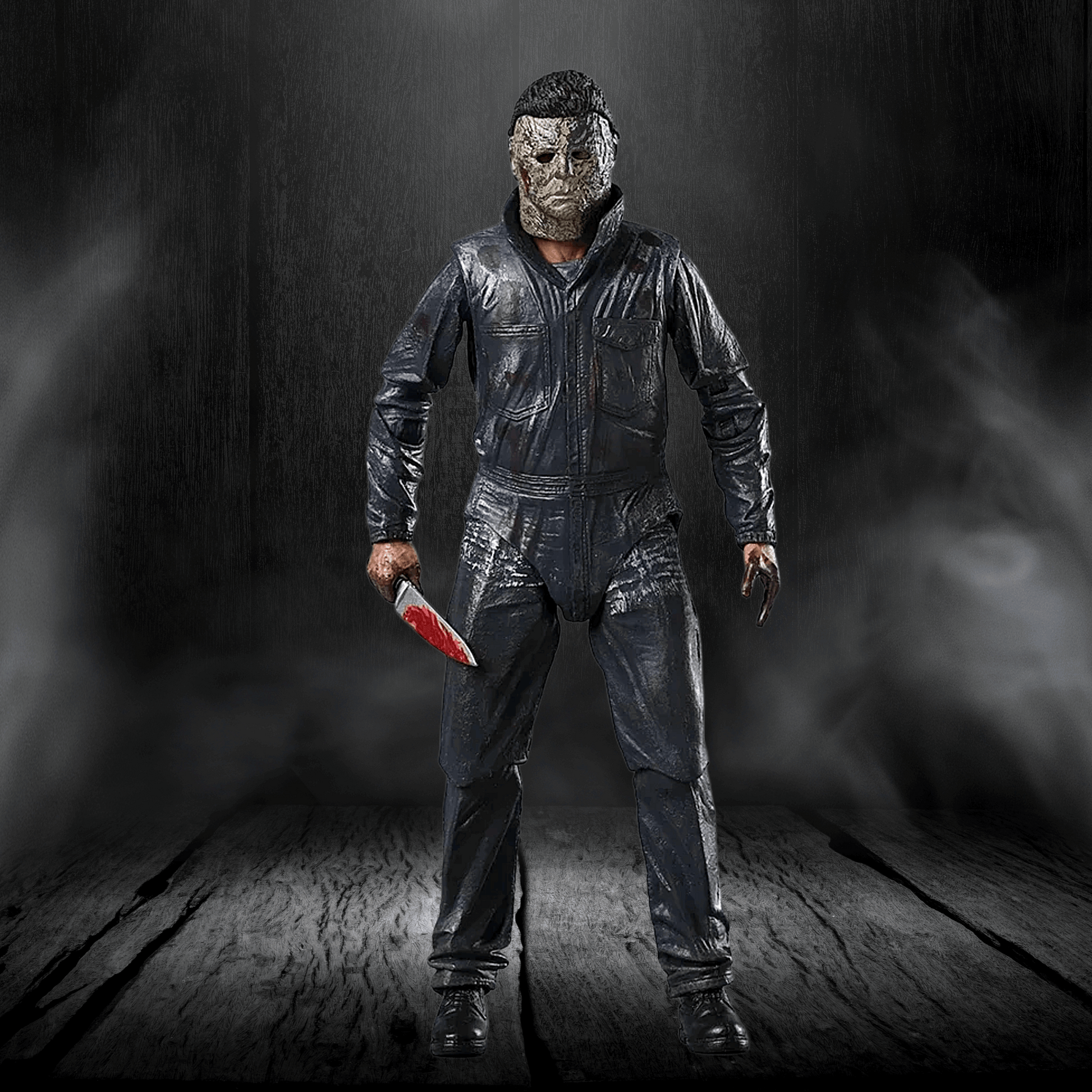 Character in a dark, smoky setting holding a knife
