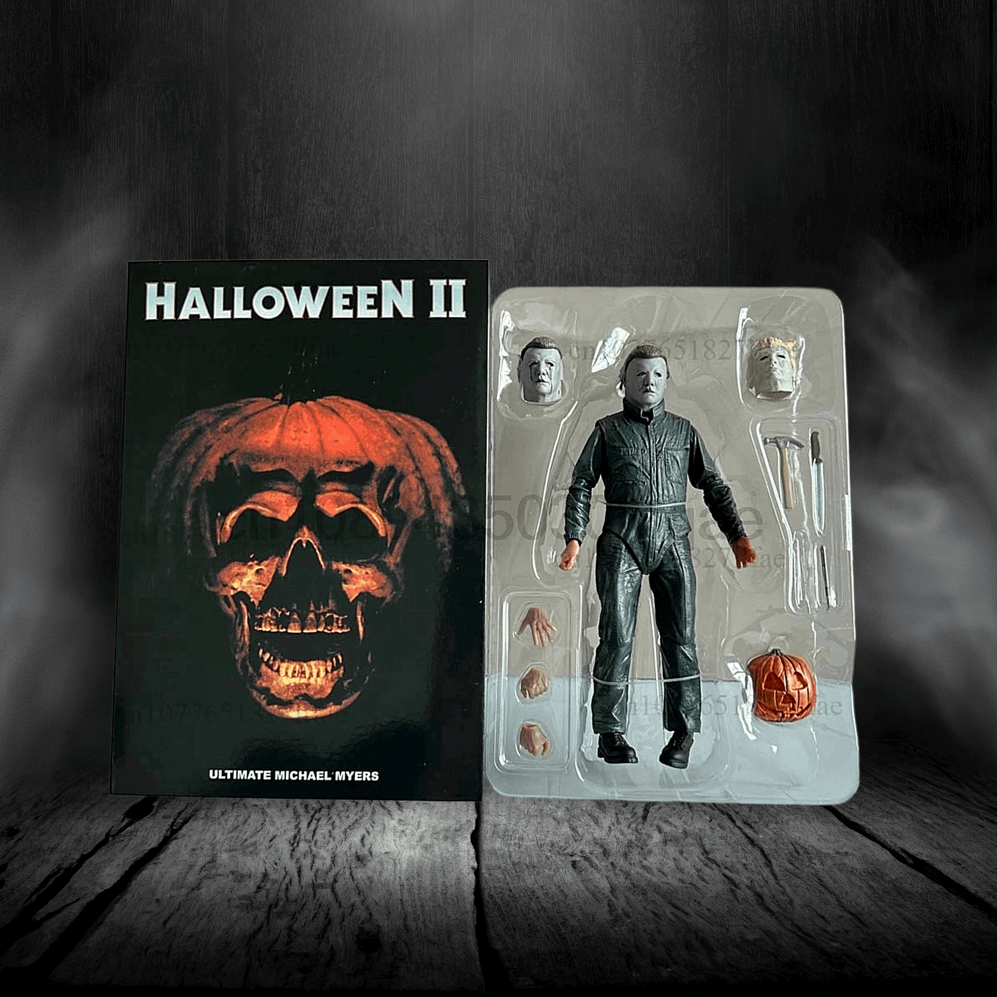 Action figure of Michael Myers from 'Halloween II' in packaging with movie poster in the background