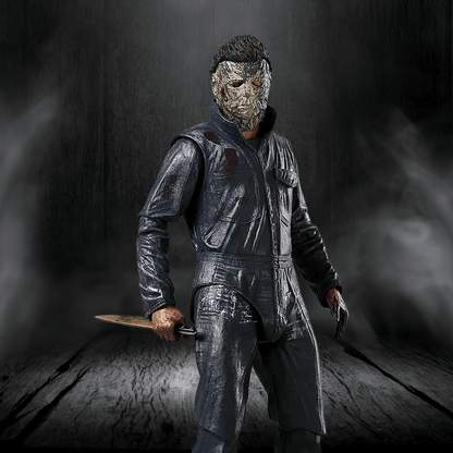 Person in a dark, textured setting holding a knife, wearing a detailed costume and mask.