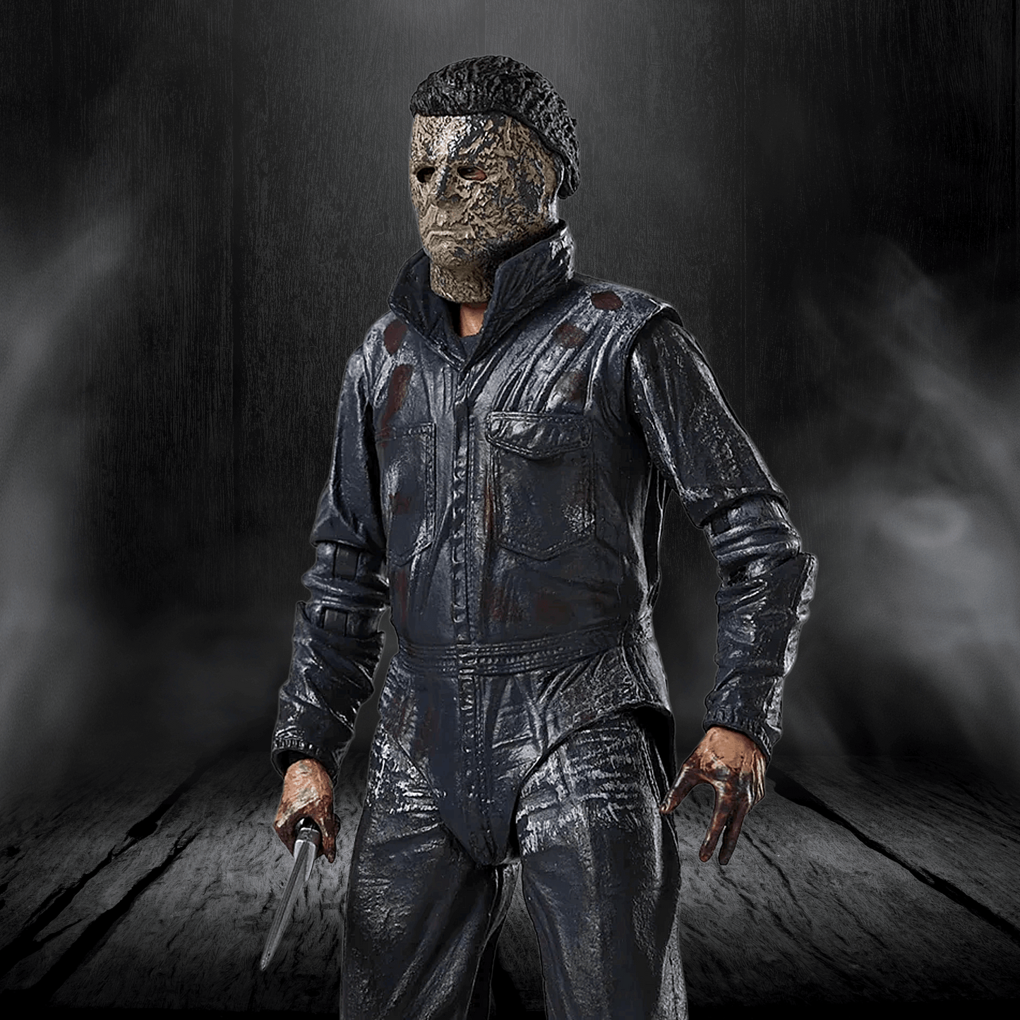 Person in a dark, textured suit with a mask holding a knife against a dark background