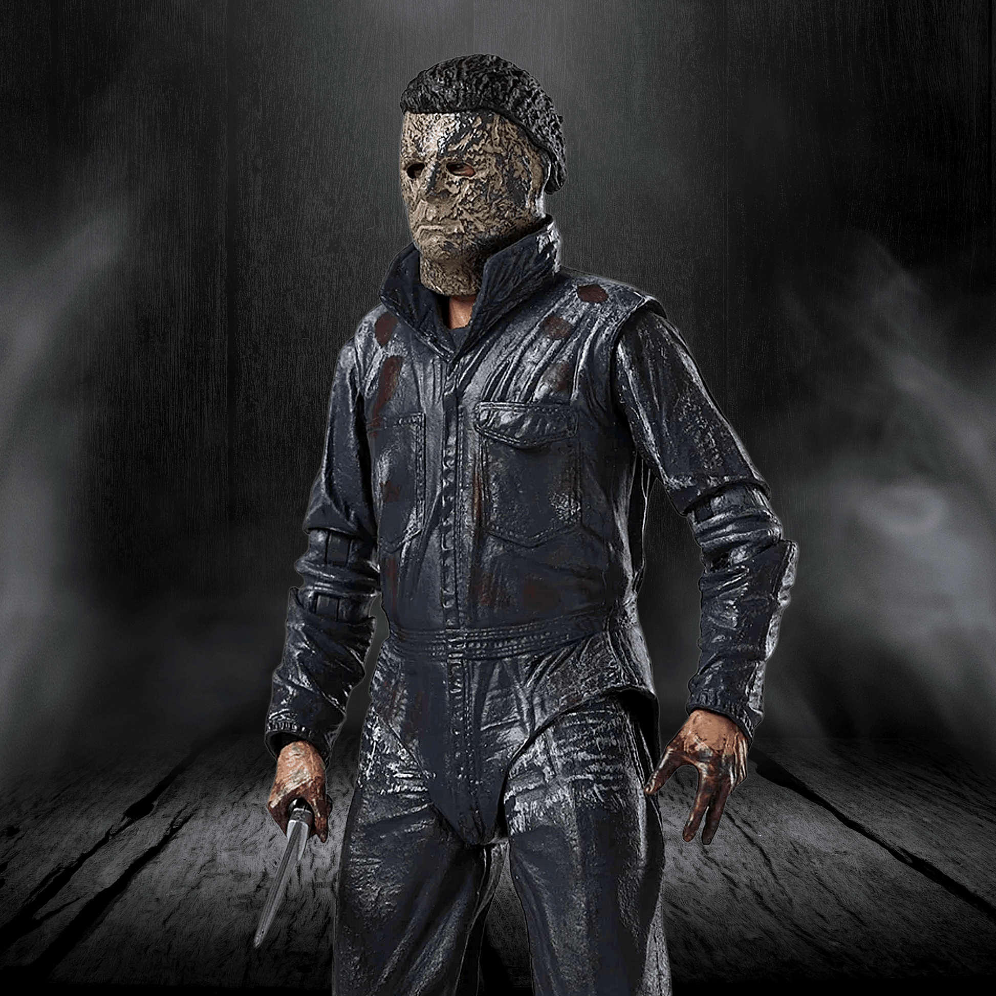Person in a dark, textured suit with a mask holding a knife against a dark background