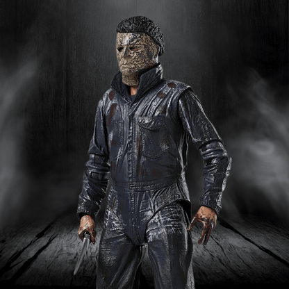 Person in a dark, textured suit with a mask holding a knife against a dark background