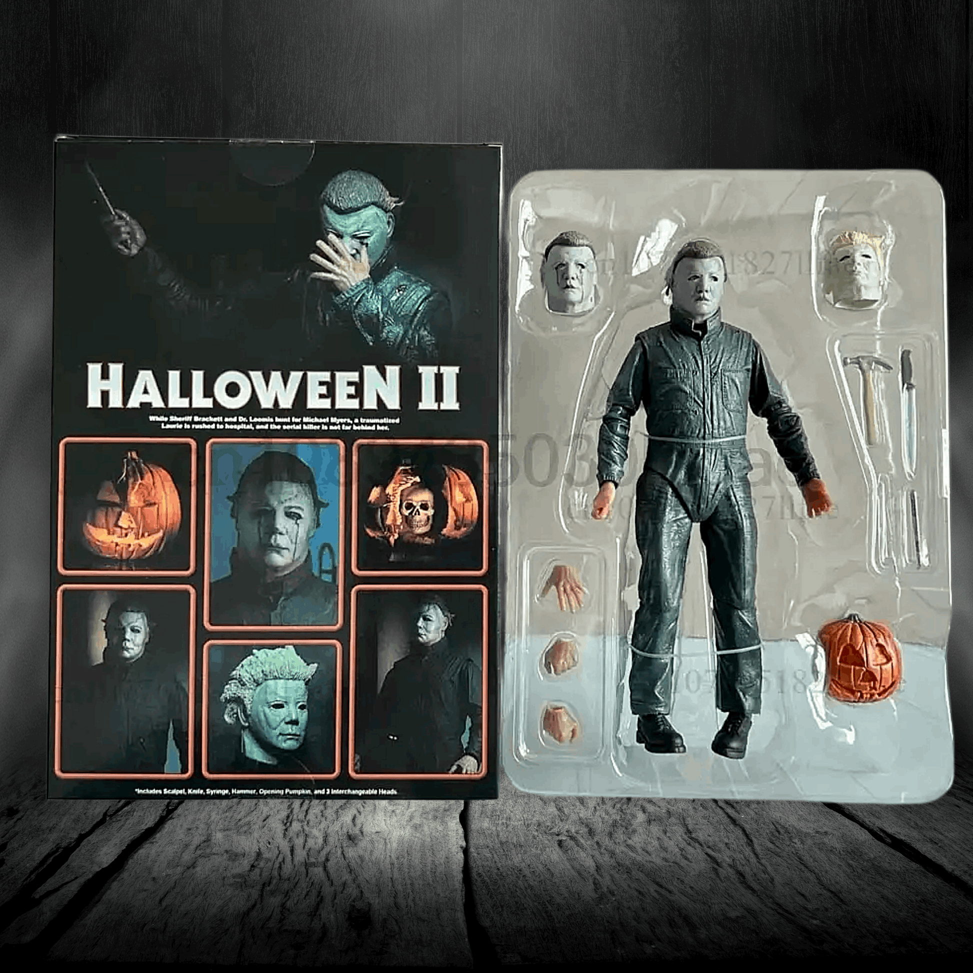 Action figure of Michael Myers from 'Halloween II' next to its packaging on a wooden surface.