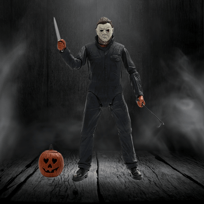 Character holding a knife with a pumpkin on a wooden platform in a dark, smoky setting