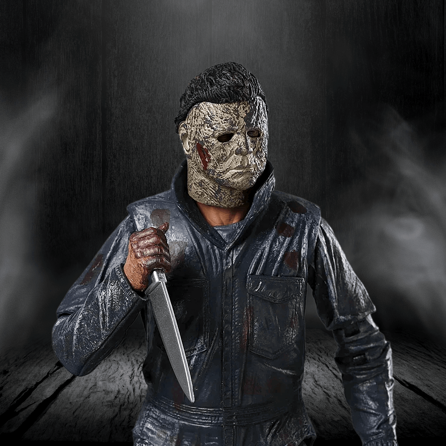 Person wearing a horror-themed mask and costume holding a knife against a dark background