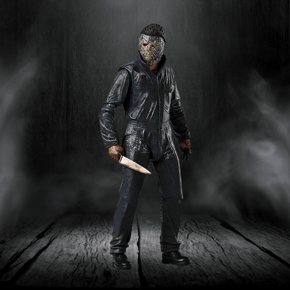 Person wearing a dark outfit and mask holding a knife in a dark, smoky setting