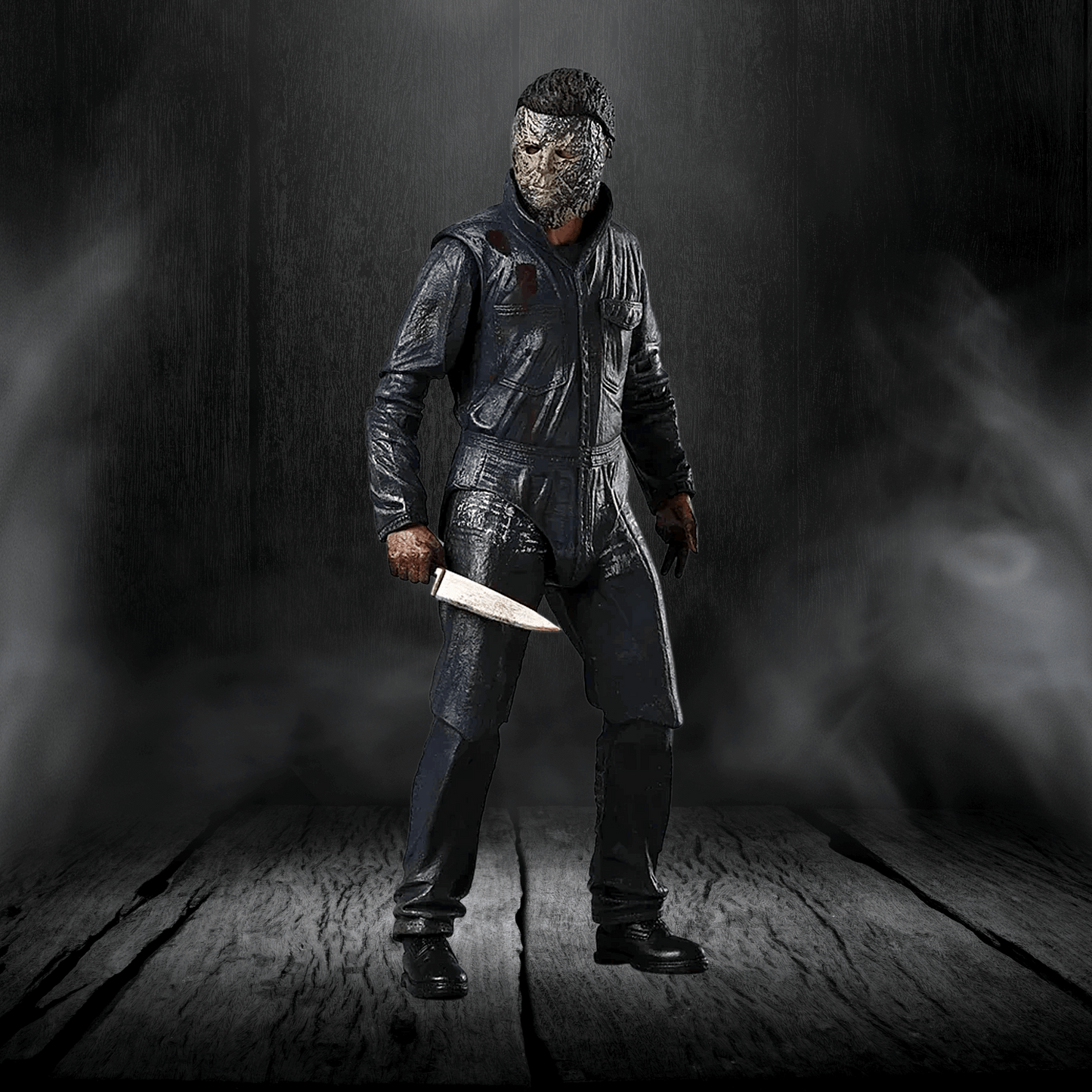 Person in a dark, textured setting holding a knife